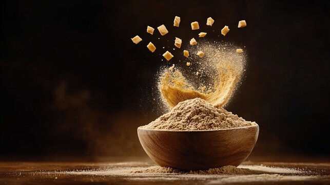 Golden powder explodes from a wooden bowl, creating a dynamic and visually stunning image.