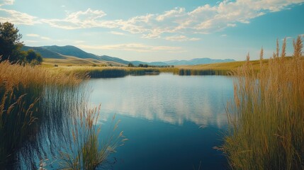 Fototapeta premium Calm mountain lake reflection, summer grasses, scenic landscape, travel brochure