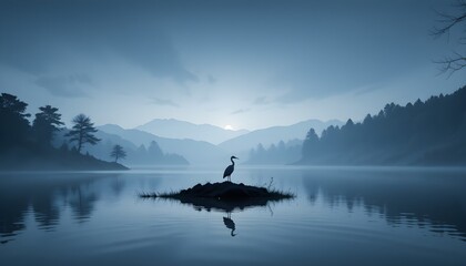 A lone heron stands on a small island, reflecting on a misty lake with forested mountains in the background. Perfect for nature, wildlife, and tranquility themes.