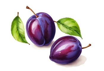 Purple plums and leaves hand painted vector on white background