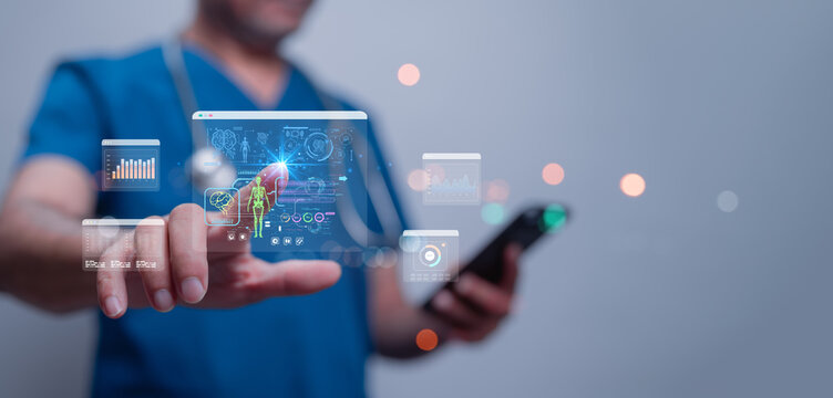 Revolutionizing Healthcare with Digital Innovation, Healthcare professional engages with advanced medical technology, integration of digital interfaces in modern medical practice