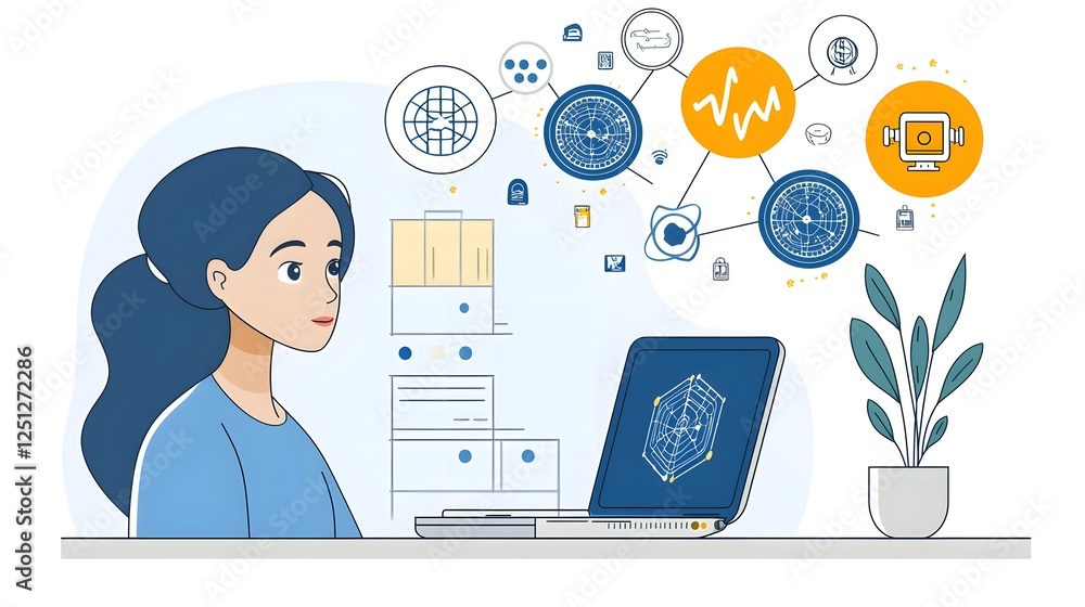 Poster conceptual visualization of a woman working on a laptop analyzing data and machine learning concepts