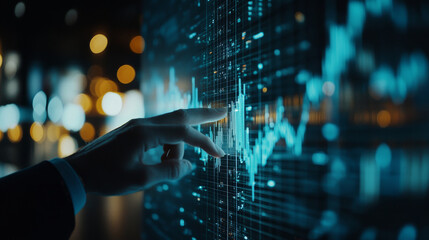 person interacting with digital financial graph, showcasing data analysis and technology. scene conveys sense of innovation and modernity