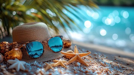 sun hat, sunglasses, delicious exotic fruits, island trinkets, palm frond, and starfish on a sunny wooden surface offering space for customized text or advertisements.