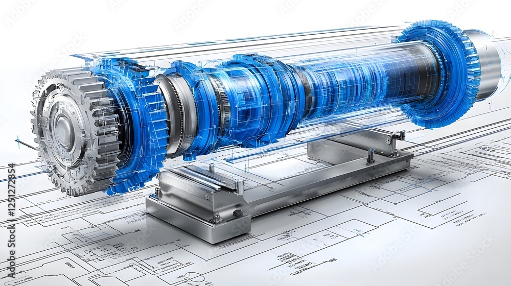 Poster futuristic machine learning architecture blueprint diagram with intricate mechanical components gear