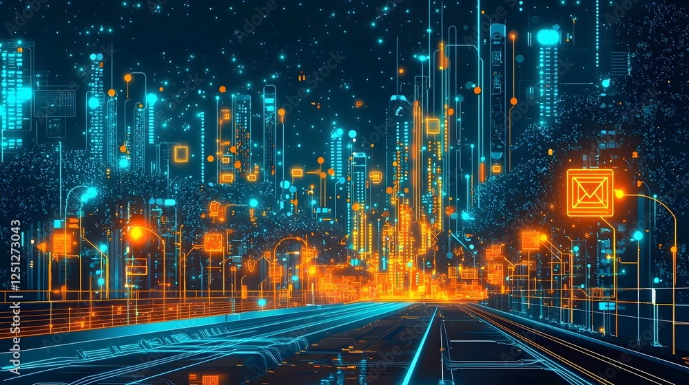 Poster futuristic digital cityscape with glowing illuminated machine learning pipelines and data processing