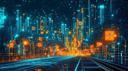 Futuristic digital cityscape with glowing illuminated machine learning pipelines and data processing algorithms in a vibrant cyberpunk inspired urban environment  Dynamic