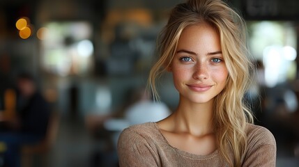 Fototapeta premium Collaborative workspace idea Picture of a radiant young blonde in casual wear confidently standing with folded arms, her enthusiastic colleagues visible in softly lit office surroundings.