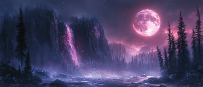 mystical landscape rocky cliffs full moon shadowy trees ancient cave surreal fantasy art dramatic lighting purple hues