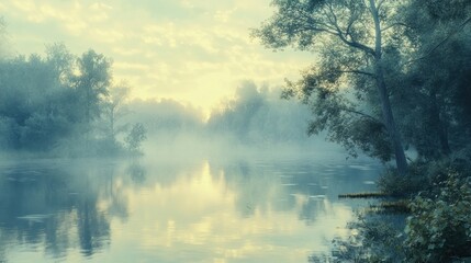 Misty sunrise river landscape, tranquil morning fog, serene nature scene, idyllic travel poster