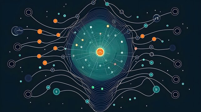 Futuristic and abstract data visualization concept representing machine learning algorithms as a dynamic radial spiral of interconnected digital networks and energy flows