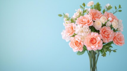 Obraz premium Peach And Cream Roses Bouquet On Light Blue Background