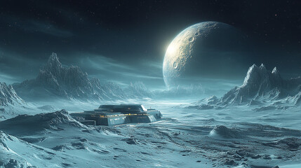 Fototapeta premium Exploration base on a lunar landscape under a large distant moon at twilight