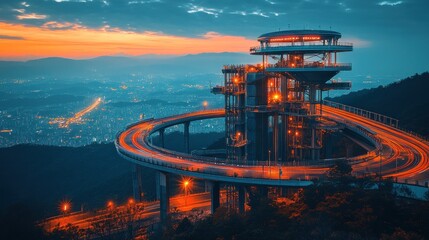 Fototapeta premium Sunset city view from hilltop observation tower with spiral road