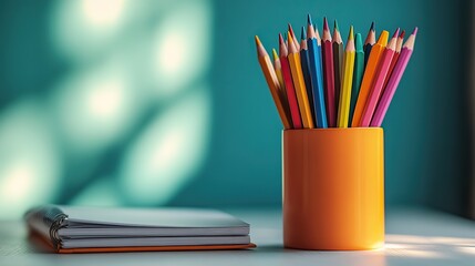Fototapeta premium Colorful pencils in a holder placed on a stack of notebooks on a white desk with a light blue background creating a simple and organized workspace.