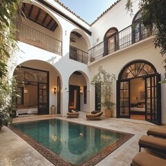 Luxury courtyard pool, Spanish architecture, tropical plants, sunny day, travel brochure