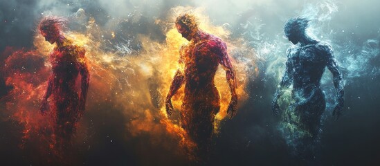 Fiery, water, and earth elemental figures amidst cosmic clouds; fantasy game art