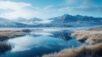 Fototapeta premium Serene winter lake reflecting snowy mountains; misty forest background; ideal for calendar