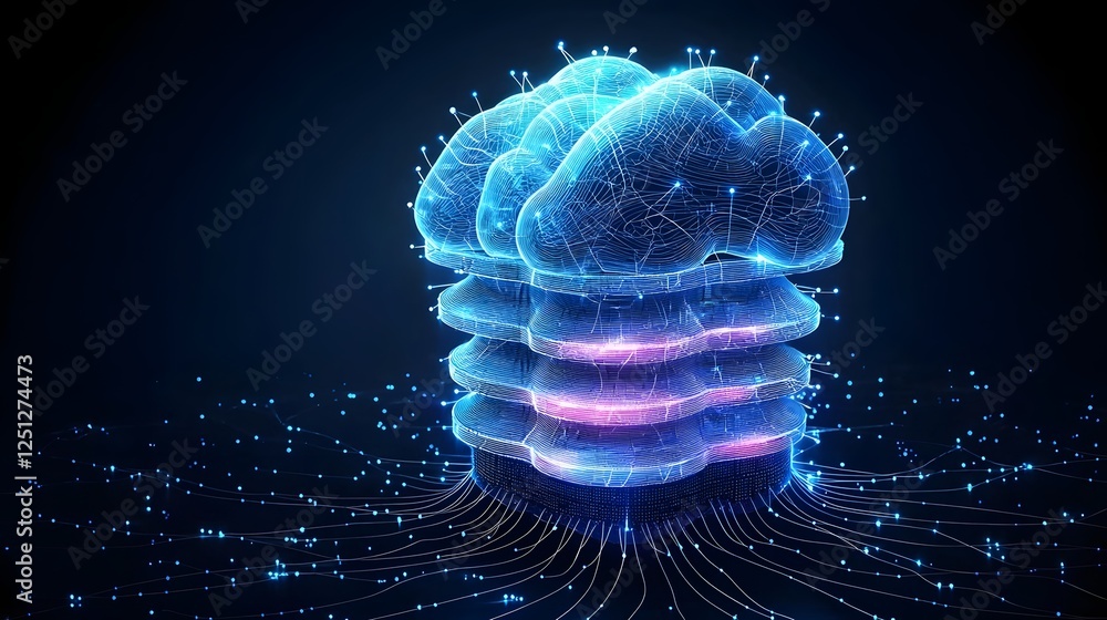 Poster layered neural network concept with glowing nodes interconnected patterns and vibrant colors represe