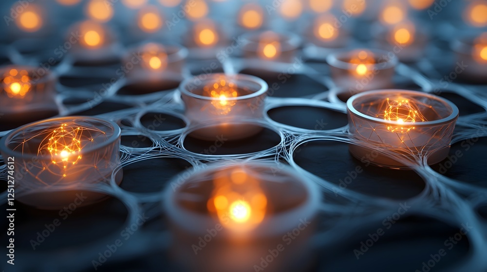 Poster interconnected glowing neural network abstract structure design with futuristic techno geometric pat