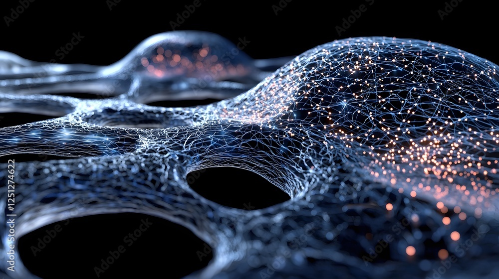Poster striking 3d visualization of an intricate neural network with vibrant data flowing through the inter