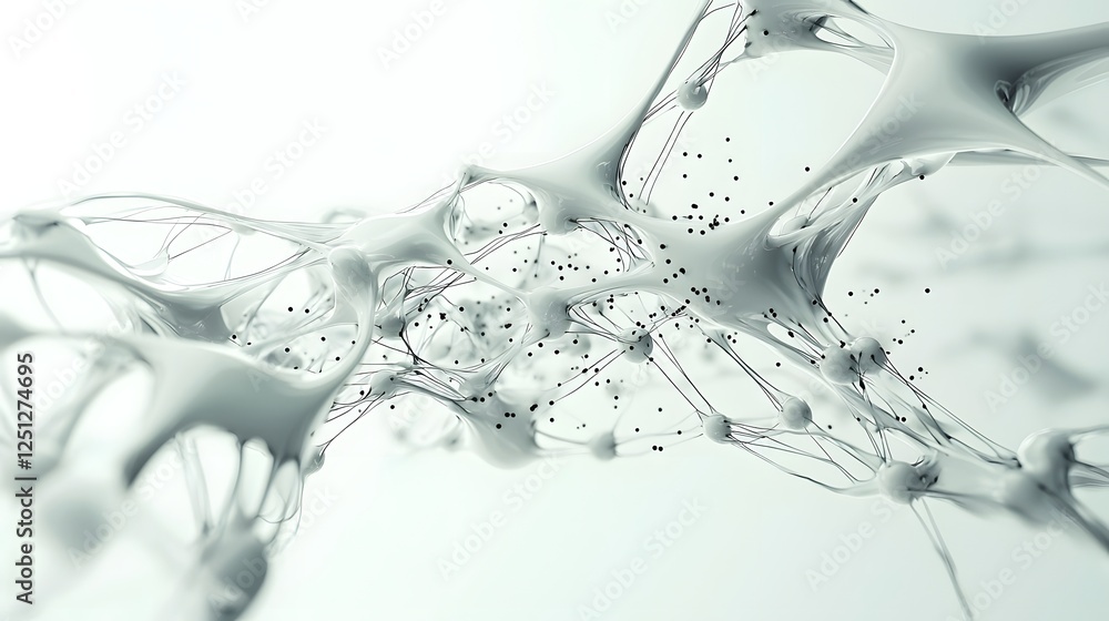 Poster monochrome minimalist 3d visualization of a dynamic organic neural network with data flowing through