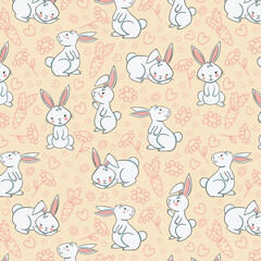 Floral wallpaper with hares. Animal concept. Trendy pattern. Can be used as wallpapers, wrapping paper, cards, etc. Hygge style.