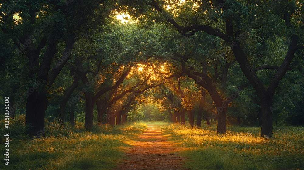 Poster sunlight filters through trees along a tranquil forest path at dusk