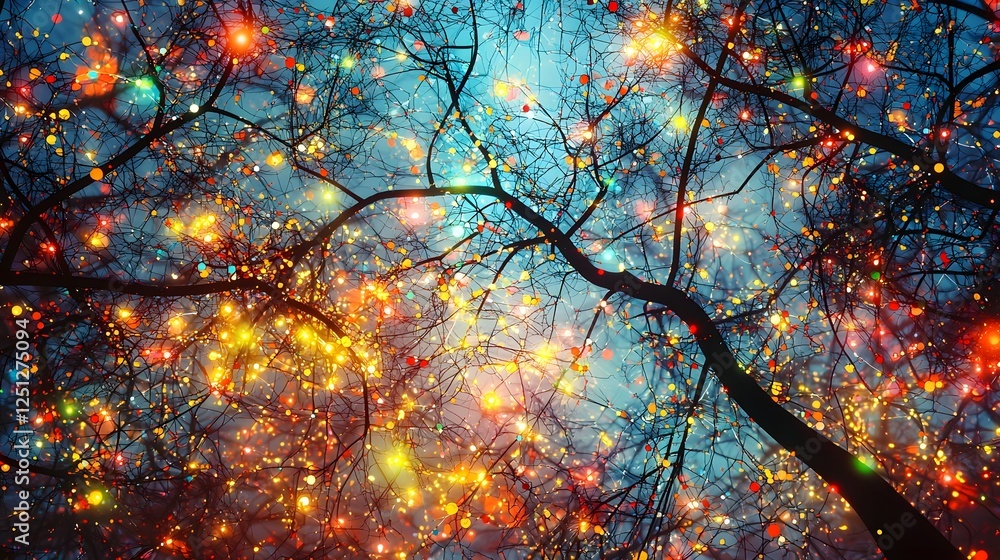 Poster futuristic and vibrant neural network representation with glowing electric connections and dynamic e