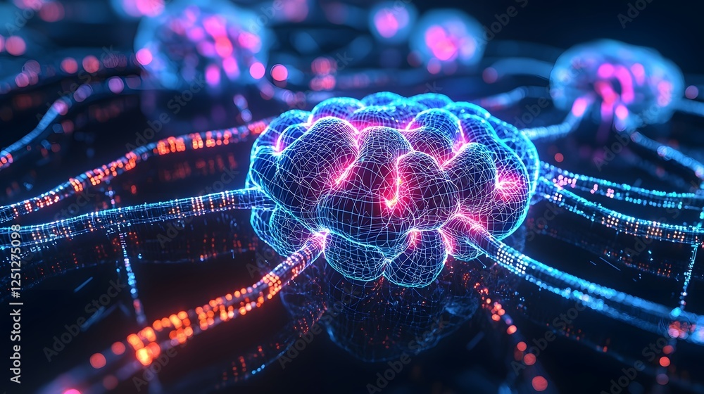 Poster futuristic neural network representation with vibrant neon blue pink and purple colors featuring a g