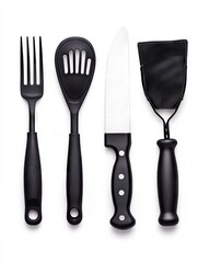 Black kitchen utensil set, fork, spoon, knife, spatula, white background, cooking tools, food preparation