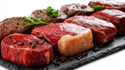 Fresh cuts of premium beef steaks arranged on a slate platter with herbs and spices