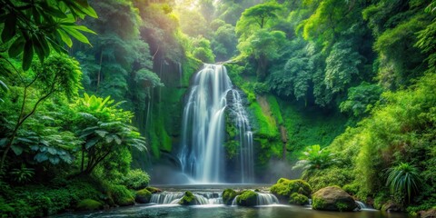 Waterfall in the lush green forest amidst dense foliage, natural wonder, forest,  natural wonder
