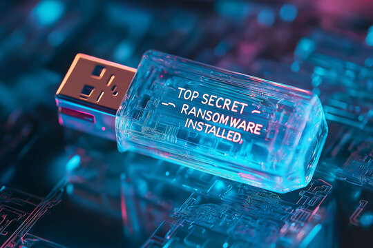 Ransomware breach extortion blackmail. Concept art depicting a floating USB drive labeled "TOP S".
