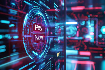 Ransomware breach extortion blackmail. Conceptual image of a ransomware button labeled "Pay Now" for cybersecurity themes.