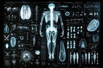 Digital human body scan, medical data analysis, futuristic lab, research background