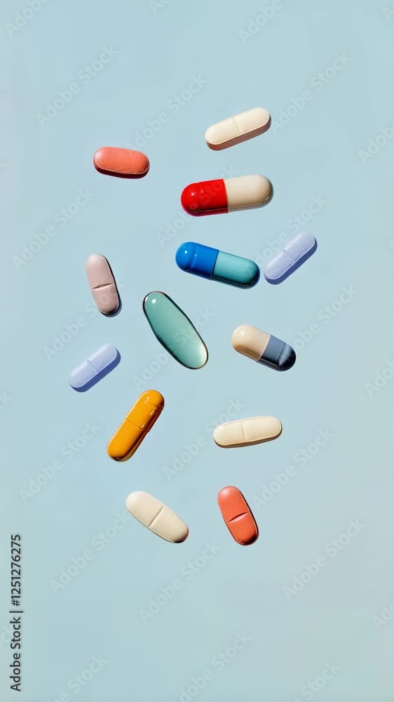 Poster colorful pills are falling on a light blue background in slow motion, creating a visually appealing 