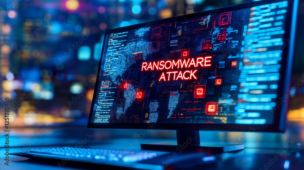 Aufkleber ransomware breach extortion blackmail. a futuristic computer screen displaying ransomware alert and 