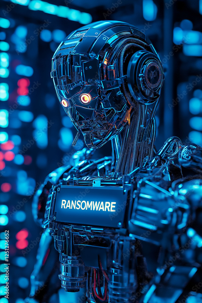 Aufkleber ransomware breach extortion blackmail. a robotic figure in a hacker's mask holding a glowing object.