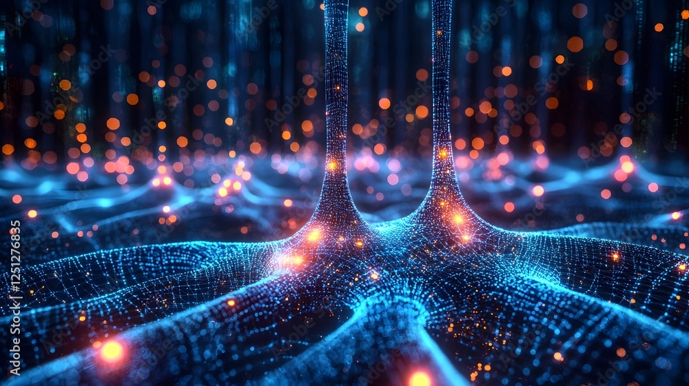 Poster glowing neural network nodes interconnected in an intricate web of digital information and energy fu