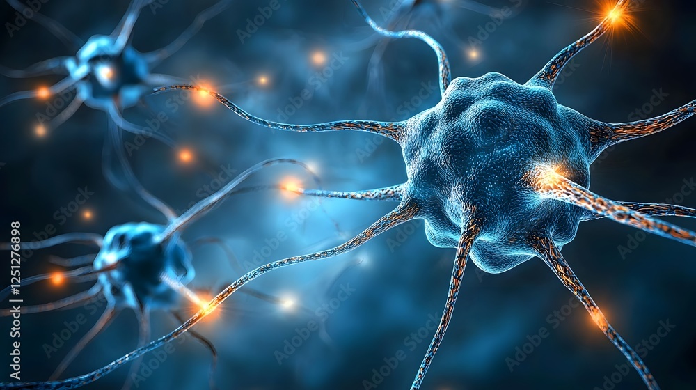 Poster visualization of a neural network structure with pulsating light effects representing the dynamic an