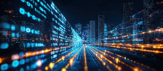 Digital Cityscape Data Streams Flowing Through Night City