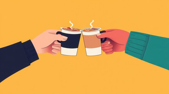 Two hands clinking coffee cups against a vibrant yellow background, symbolizing friendship and connection over drinks.