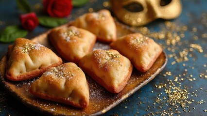 Delicious Hamantaschen Cookies and Festive Decorations for Purim Celebration With Colorful Masks and Sparkling Glitter