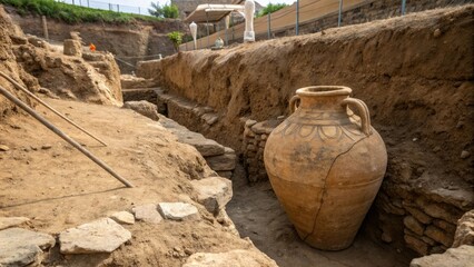 An ancient clay amphora buried in the excavation site with exposed earth around it, archaeological find, ancient amphora
