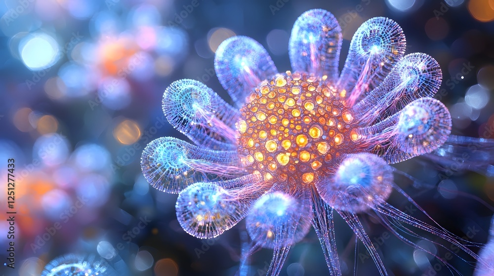 Poster representation of a complex neural network system with intricate fractal patterns and glowing neon l