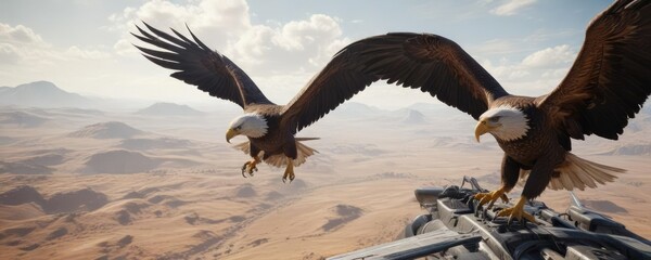 Naklejka premium An eagle's piercing gaze is fixed on the horizon as it steers its plane over vast open landscape, eagle, land