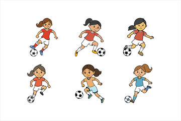 Set of Girl Soccer Players Kicking a Ball – Cartoon Vector Illustration

