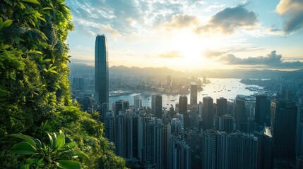 Fototapeta premium Sunrise Hong Kong cityscape view from lush hillside