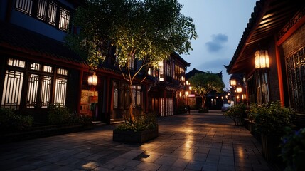 Fototapeta premium Tranquil evening in a traditional alleyway with lanterns illuminating the peaceful surroundings
